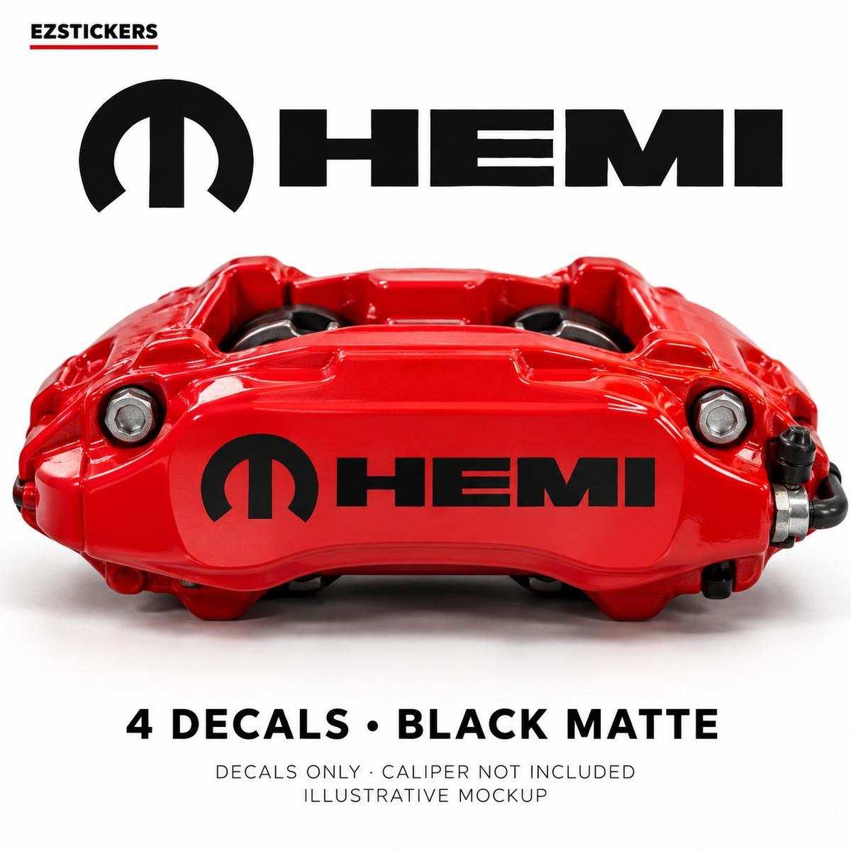 EZSTICKERS illustrative caliper mockup for Dodge Mopar HEMI caliper decals — Black Matte, showing referenced manufacturer/model lettering in Black Matte; decals only, caliper not included.