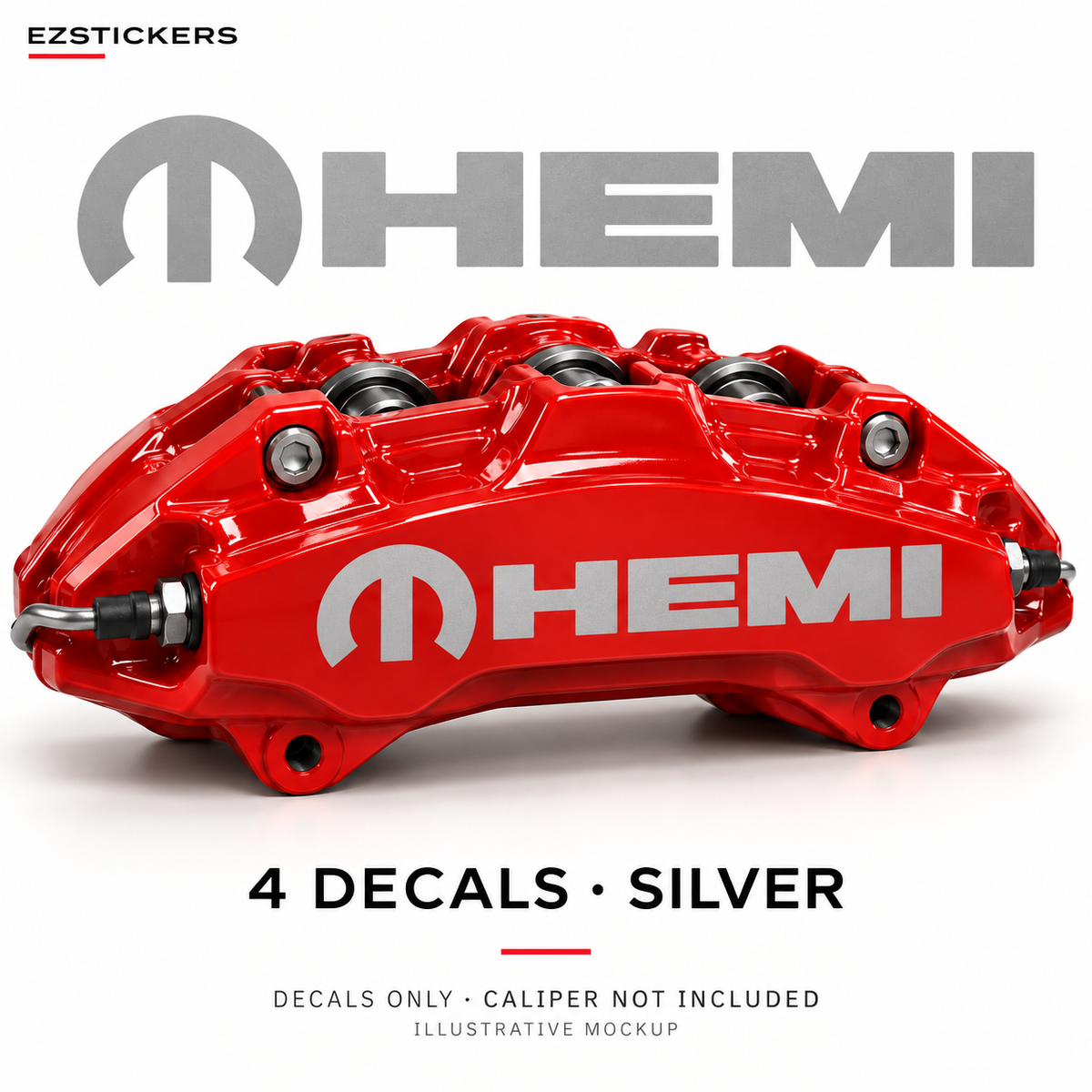 EZSTICKERS illustrative caliper mockup for Dodge Mopar HEMI caliper decals — Silver, showing referenced manufacturer/model lettering in Silver; decals only, caliper not included.