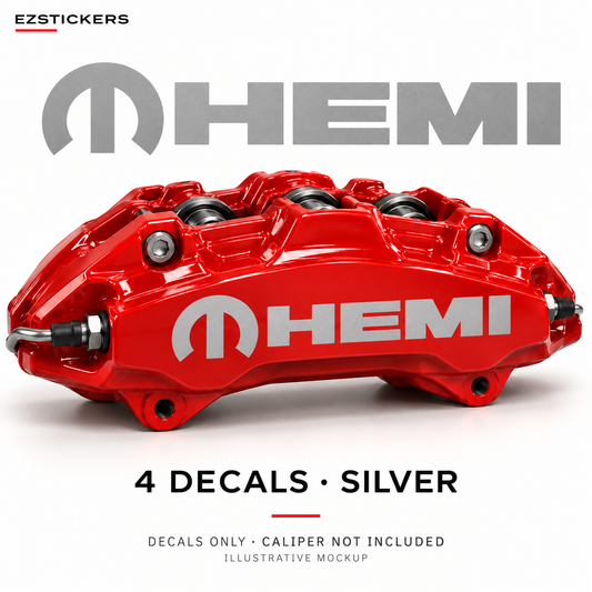 EZSTICKERS illustrative caliper mockup for Dodge Mopar HEMI caliper decals — Silver, showing referenced manufacturer/model lettering in Silver; decals only, caliper not included.
