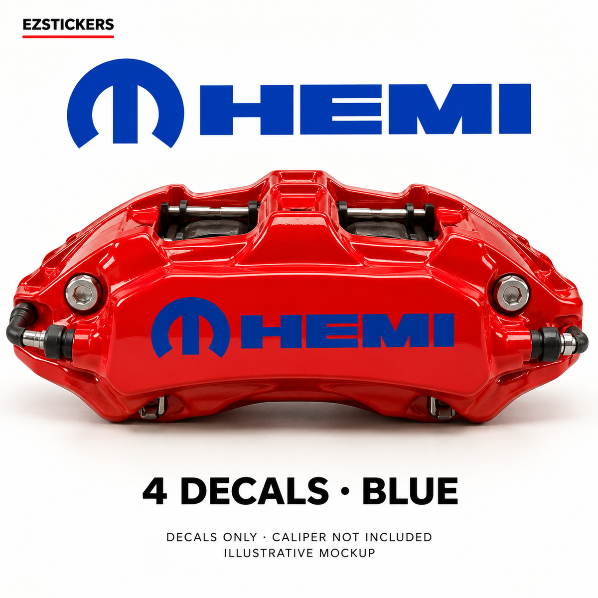 EZSTICKERS illustrative caliper mockup for Dodge Mopar HEMI caliper decals — Blue, showing referenced manufacturer/model lettering in Blue; decals only, caliper not included.
