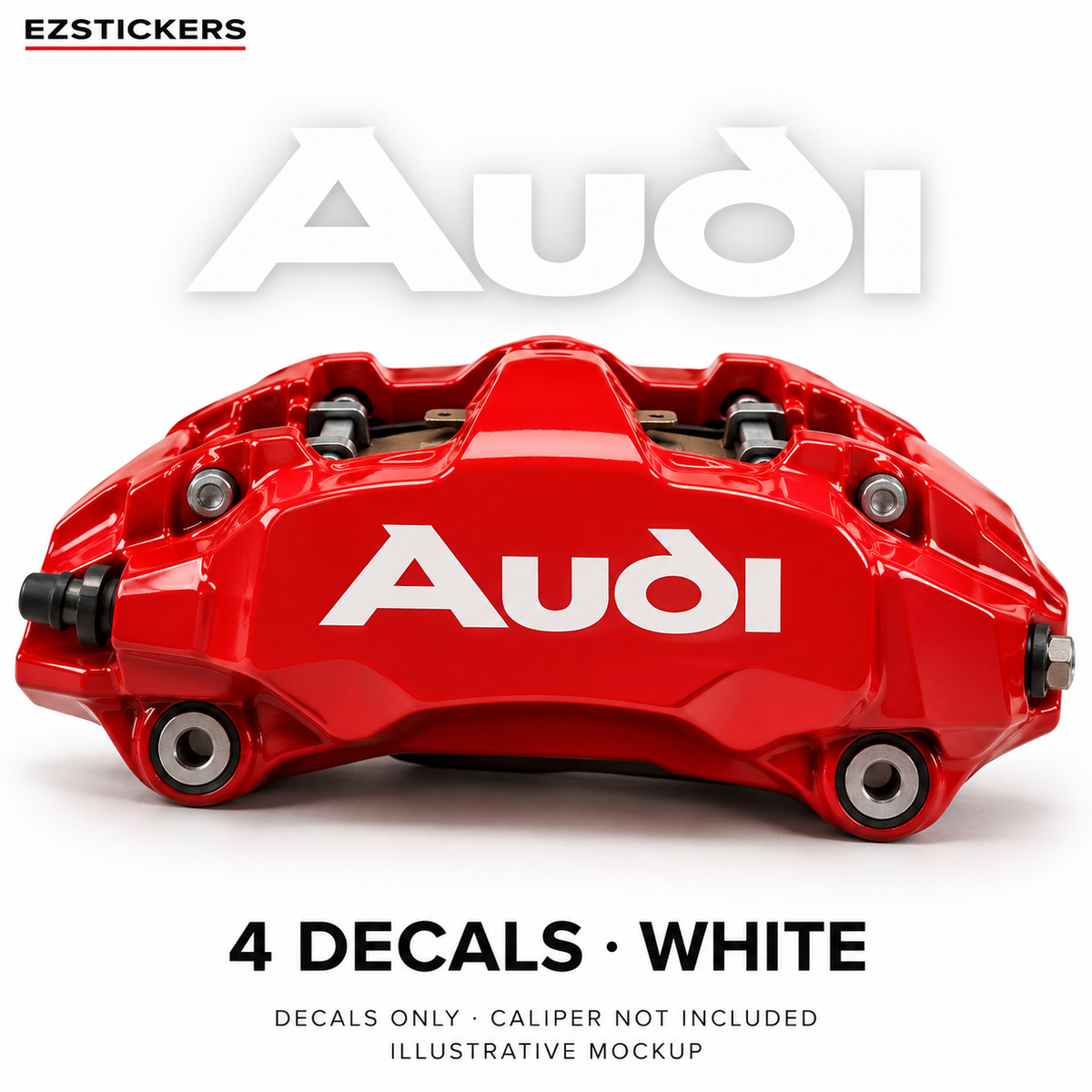 EZSTICKERS illustrative caliper mockup for Audi caliper decals — White, showing referenced manufacturer/model lettering in White; decals only, caliper not included.