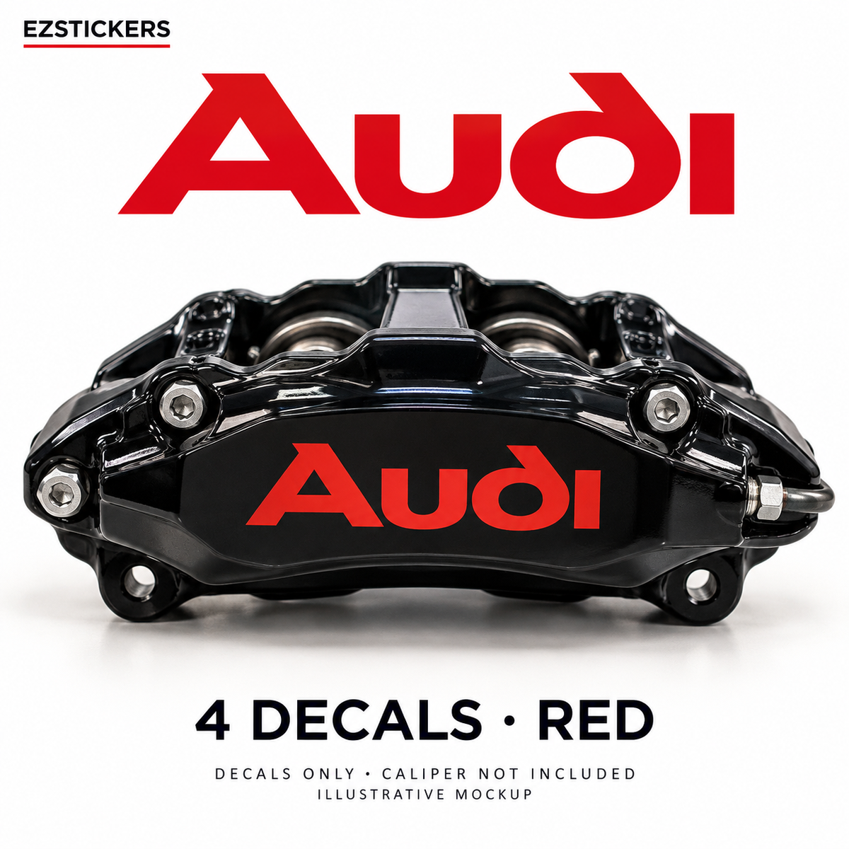 EZSTICKERS illustrative caliper mockup for Audi caliper decals — Red, showing referenced manufacturer/model lettering in Red; decals only, caliper not included.