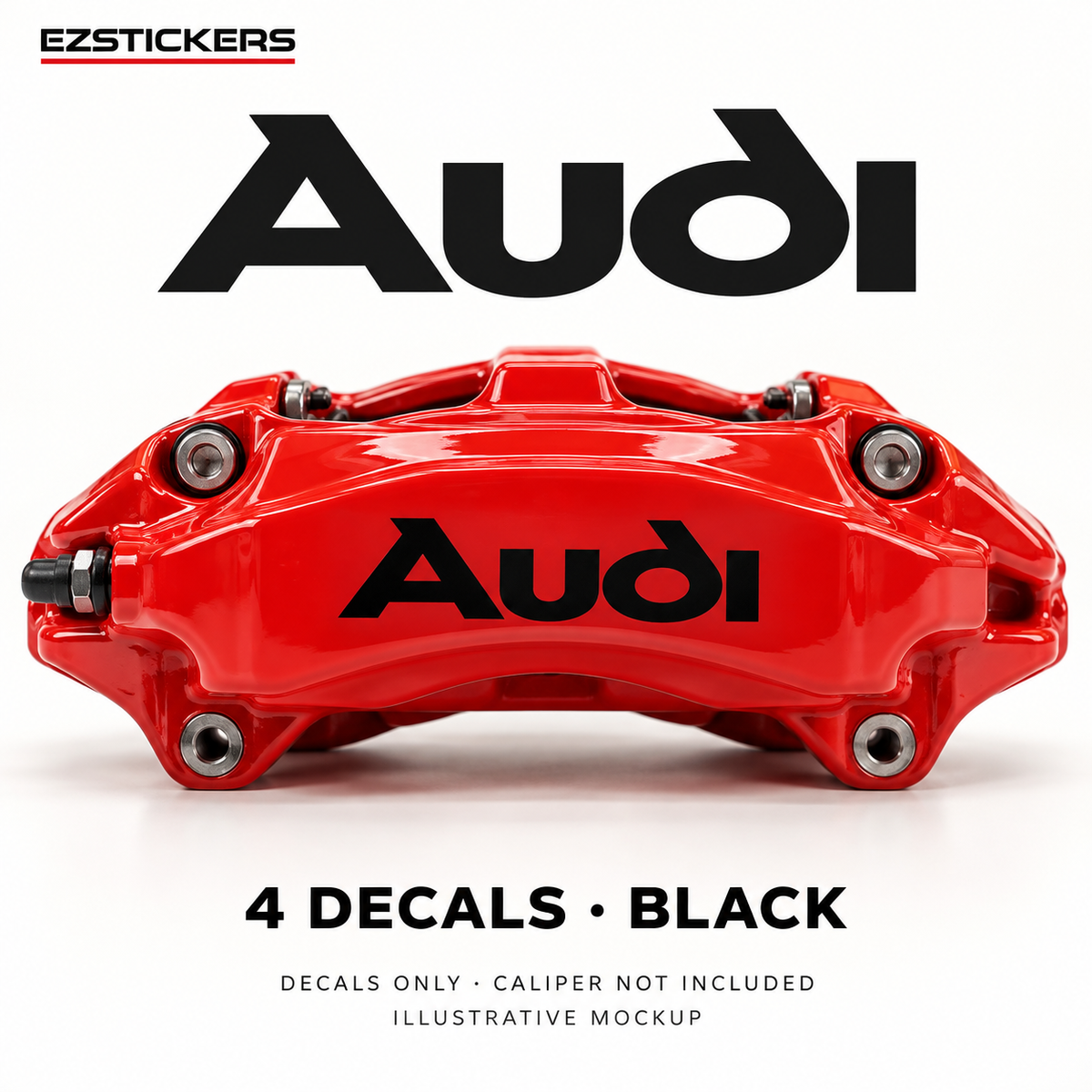 EZSTICKERS illustrative caliper mockup for Audi caliper decals — Black, showing referenced manufacturer/model lettering in Black; decals only, caliper not included.