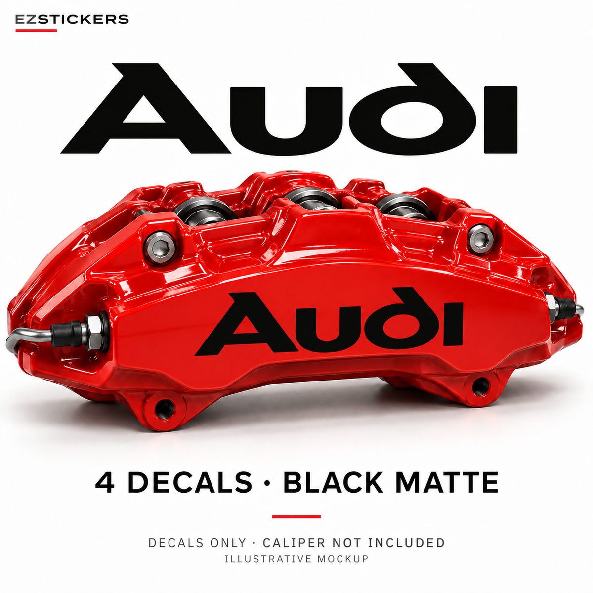 EZSTICKERS illustrative caliper mockup for Audi caliper decals — Black Matte, showing the referenced manufacturer/model lettering in Black Matte; decals only, caliper not included.