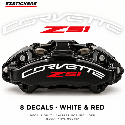 EZSTICKERS illustrative caliper mockup for Corvette Z51 caliper decals — White & Red, showing referenced manufacturer/model lettering in White & Red; decals only, caliper not included.