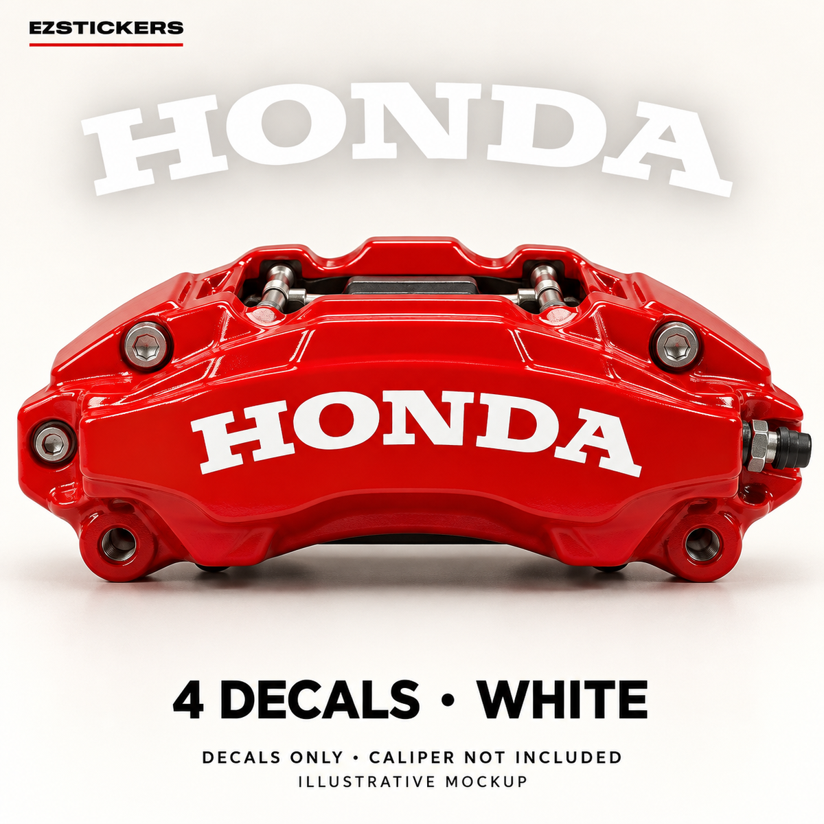 EZSTICKERS illustrative caliper mockup for Honda caliper decals — White, showing referenced manufacturer/model lettering in White; decals only, caliper not included.