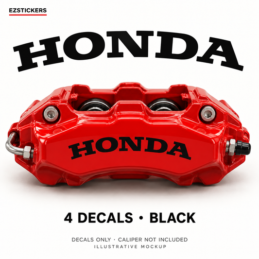 EZSTICKERS illustrative caliper mockup for Honda caliper decals — Black, showing referenced manufacturer/model lettering in Black; decals only, caliper not included.