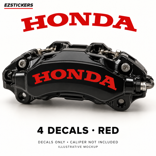 EZSTICKERS illustrative caliper mockup for Honda caliper decals — Red, showing referenced manufacturer/model lettering in Red; decals only, caliper not included.