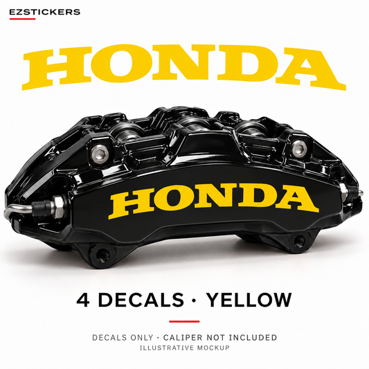 EZSTICKERS illustrative caliper mockup for Honda caliper decals — Yellow, showing referenced manufacturer/model lettering in Yellow; decals only, caliper not included.