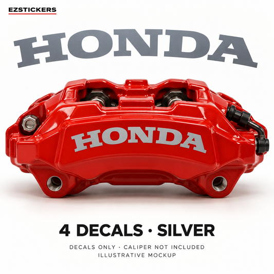 EZSTICKERS illustrative caliper mockup for Honda caliper decals — Silver, showing referenced manufacturer/model lettering in Silver; decals only, caliper not included.