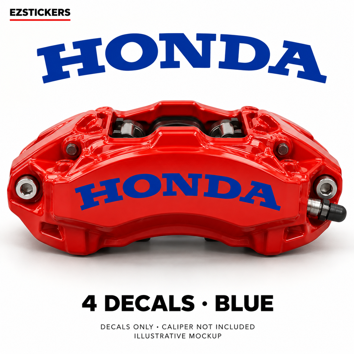 EZSTICKERS illustrative caliper mockup for Honda caliper decals — Blue, showing referenced manufacturer/model lettering in Blue; decals only, caliper not included.