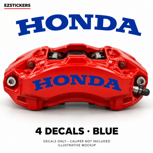EZSTICKERS illustrative caliper mockup for Honda caliper decals — Blue, showing referenced manufacturer/model lettering in Blue; decals only, caliper not included.