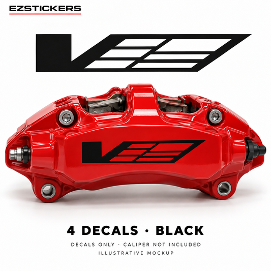 EZSTICKERS illustrative caliper mockup for Cadillac CTS-V caliper decals — Black, showing referenced manufacturer/model lettering in Black; decals only, caliper not included.