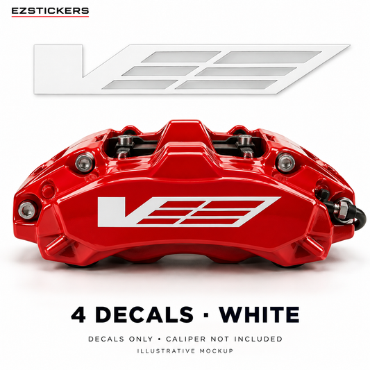 EZSTICKERS illustrative caliper mockup for Cadillac CTS-V caliper decals — White, showing referenced manufacturer/model lettering in White; decals only, caliper not included.