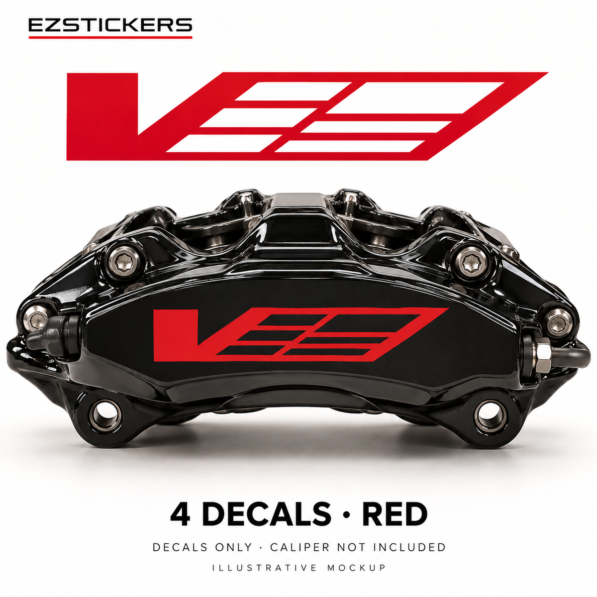 EZSTICKERS illustrative caliper mockup for Cadillac CTS-V caliper decals — Red, showing referenced manufacturer/model lettering in Red; decals only, caliper not included.