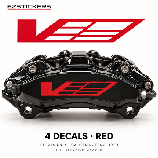 EZSTICKERS illustrative caliper mockup for Cadillac CTS-V caliper decals — Red, showing referenced manufacturer/model lettering in Red; decals only, caliper not included.
