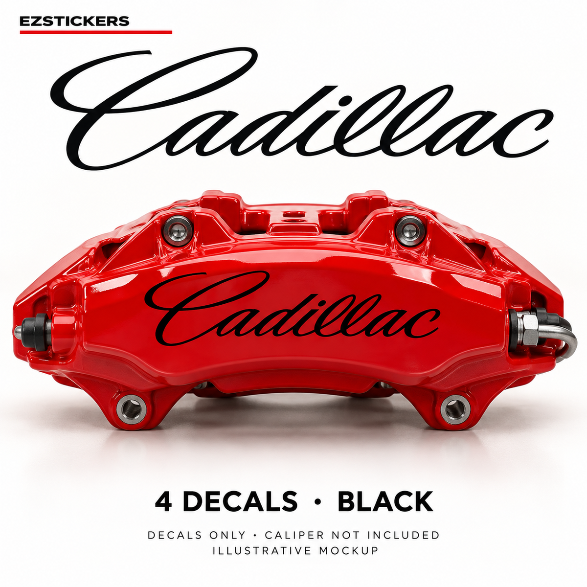 EZSTICKERS illustrative caliper mockup for Cadillac caliper decals — Black, showing referenced manufacturer/model lettering in Black; decals only, caliper not included.