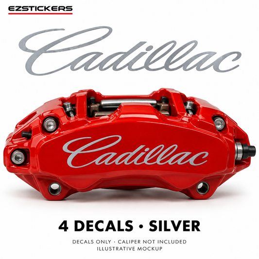 EZSTICKERS illustrative caliper mockup for Cadillac caliper decals — Silver, showing referenced manufacturer/model lettering in Silver; decals only, caliper not included.