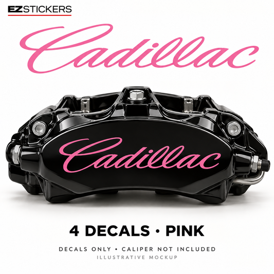 EZSTICKERS illustrative caliper mockup for Cadillac caliper decals — Pink, showing referenced manufacturer/model lettering in Pink; decals only, caliper not included.