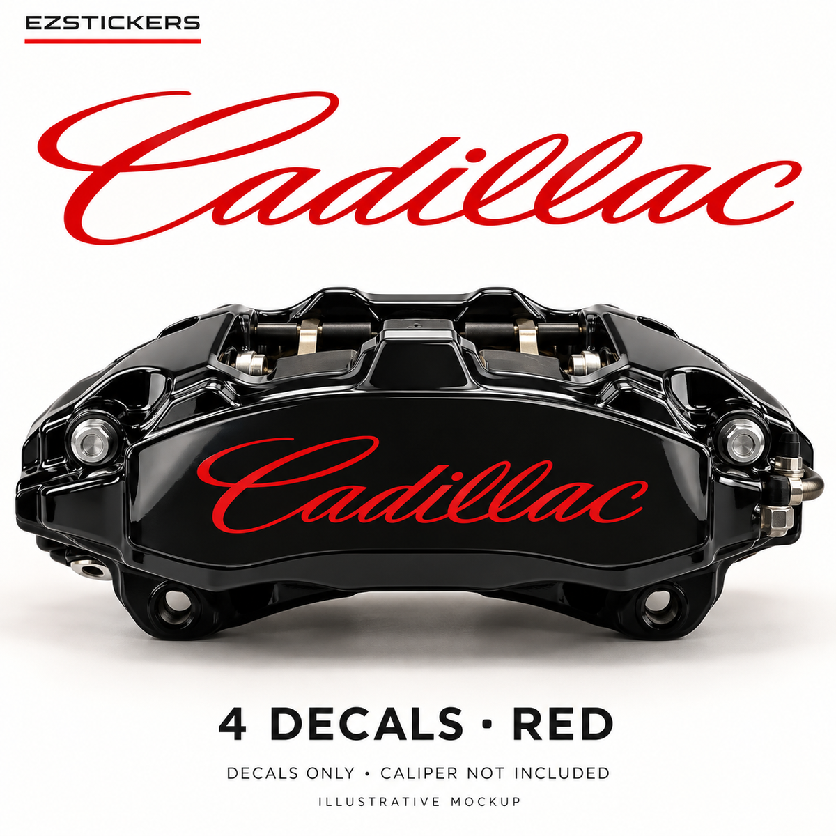 EZSTICKERS illustrative caliper mockup for Cadillac caliper decals — Red, showing referenced manufacturer/model lettering in Red; decals only, caliper not included.
