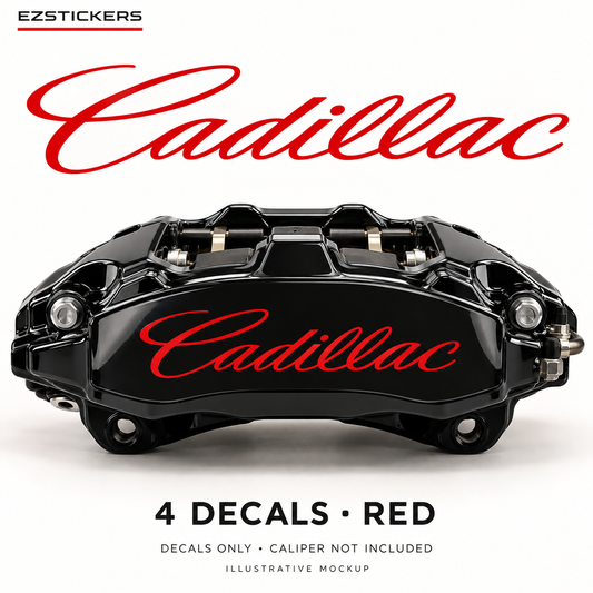 EZSTICKERS illustrative caliper mockup for Cadillac caliper decals — Red, showing referenced manufacturer/model lettering in Red; decals only, caliper not included.