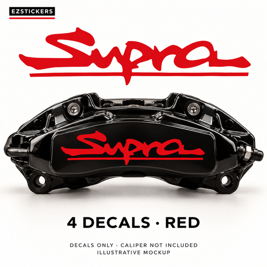 EZSTICKERS illustrative caliper mockup for Supra caliper decals — Red, showing referenced manufacturer/model lettering in Red; decals only, caliper not included.