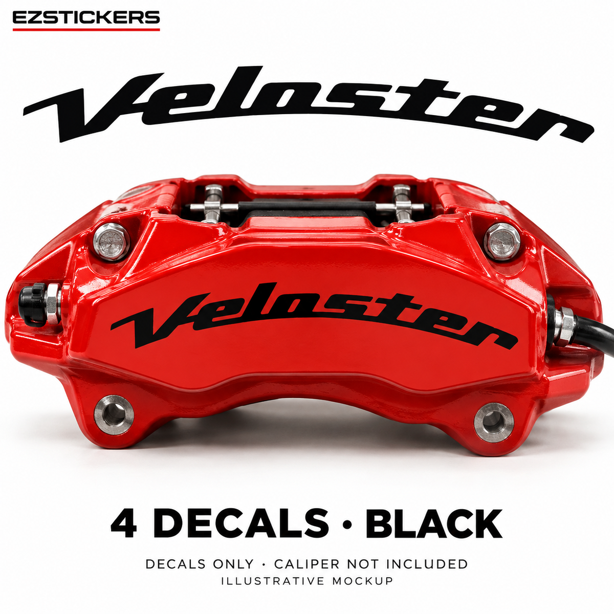 EZSTICKERS illustrative caliper mockup for Hyundai Veloster caliper decals — Black, showing referenced manufacturer/model lettering in Black; decals only, caliper not included.