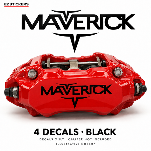 EZSTICKERS illustrative caliper mockup for Ford Maverick caliper decals — Black, showing referenced manufacturer/model lettering in Black; decals only, caliper not included.