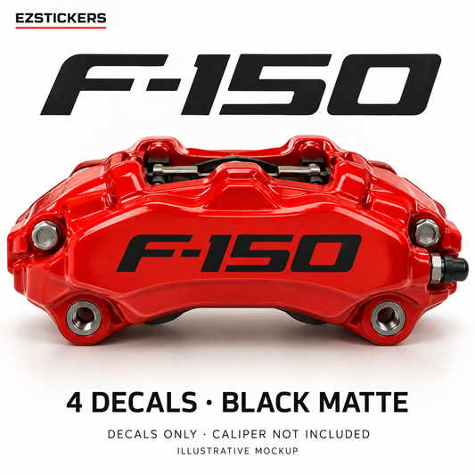 EZSTICKERS illustrative caliper mockup for Ford F-150 caliper decals — Black Matte, showing referenced manufacturer/model lettering in Black Matte; decals only, caliper not included.