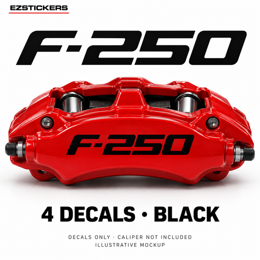 EZSTICKERS illustrative caliper mockup for Ford F-250 caliper decals — Black, showing referenced manufacturer/model lettering in Black; decals only, caliper not included.