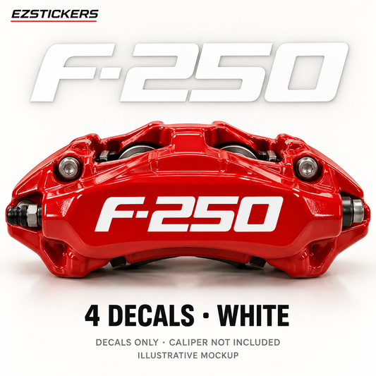 EZSTICKERS illustrative caliper mockup for Ford F-250 caliper decals — White, showing referenced manufacturer/model lettering in White; decals only, caliper not included.