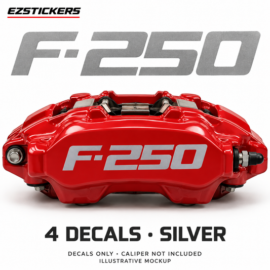 EZSTICKERS illustrative caliper mockup for Ford F-250 caliper decals — Silver, showing referenced manufacturer/model lettering in Silver; decals only, caliper not included.