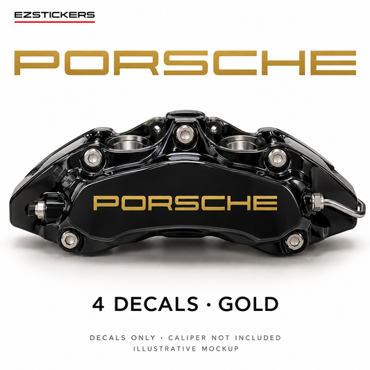 EZSTICKERS illustrative caliper mockup for Porsche caliper decals — Gold, showing referenced manufacturer/model lettering in Gold; decals only, caliper not included.