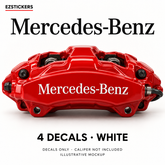 EZSTICKERS illustrative caliper mockup for Mercedes-Benz caliper decals — White, showing referenced manufacturer/model lettering in White; decals only, caliper not included.