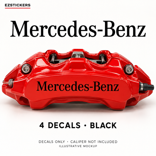 EZSTICKERS illustrative caliper mockup for Mercedes-Benz caliper decals — Black, showing referenced manufacturer/model lettering in Black; decals only, caliper not included.