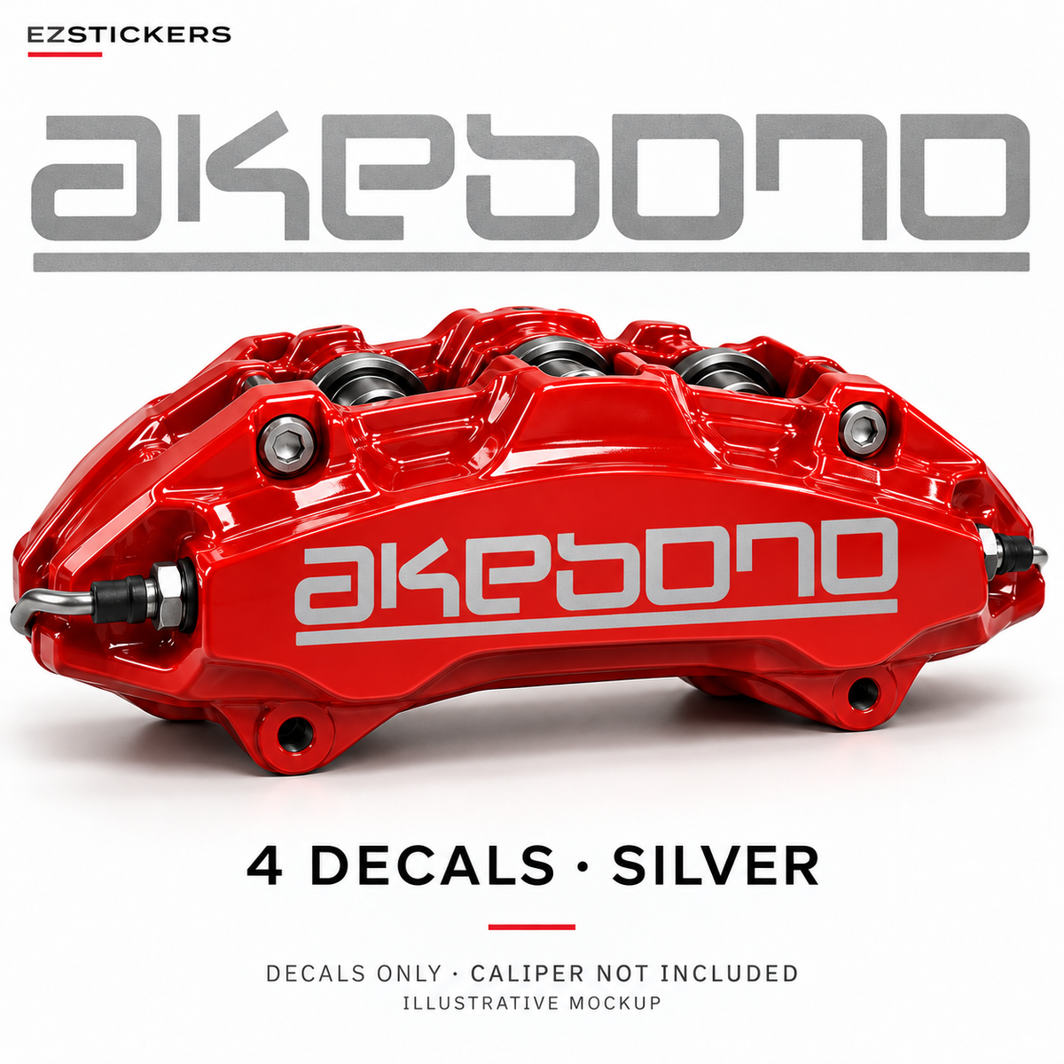 EZSTICKERS illustrative caliper mockup for Akebono caliper decals — Silver, showing the referenced manufacturer/model lettering in Silver; decals only, caliper not included.