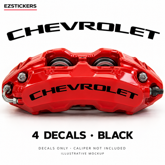 EZSTICKERS illustrative caliper mockup for Chevrolet caliper decals — Black, showing referenced manufacturer/model lettering in Black; decals only, caliper not included.
