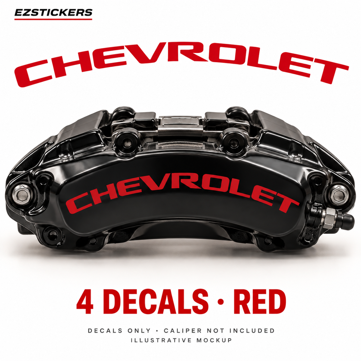 EZSTICKERS illustrative caliper mockup for Chevrolet caliper decals — Red, showing referenced manufacturer/model lettering in Red; decals only, caliper not included.