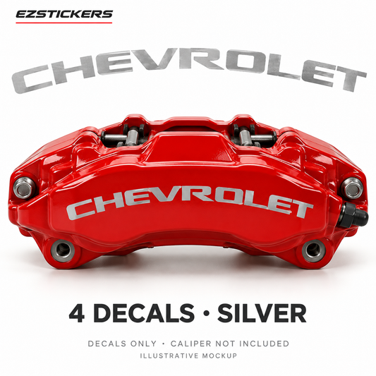 EZSTICKERS illustrative caliper mockup for Chevrolet caliper decals — Silver, showing referenced manufacturer/model lettering in Silver; decals only, caliper not included.