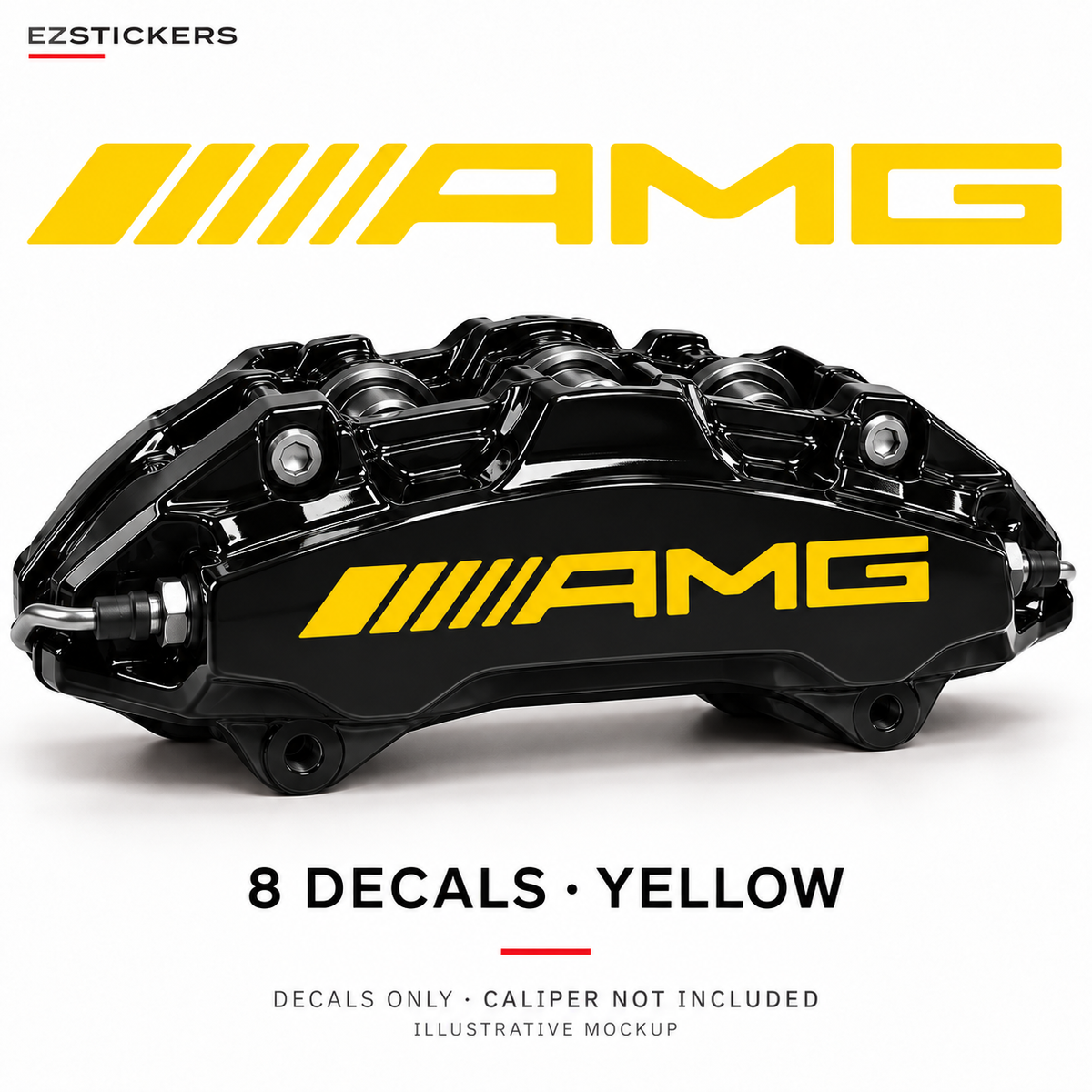 EZSTICKERS illustrative caliper mockup for AMG Combo caliper decals — Yellow, showing the referenced manufacturer/model lettering in Yellow; decals only, caliper not included.