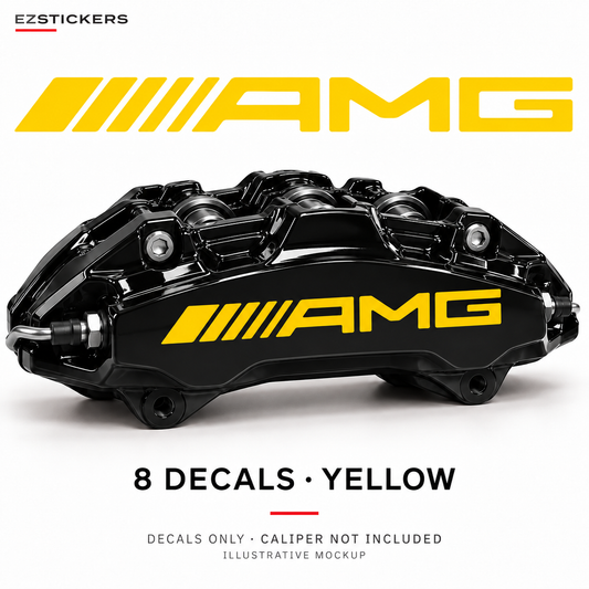 EZSTICKERS illustrative caliper mockup for AMG Combo caliper decals — Yellow, showing the referenced manufacturer/model lettering in Yellow; decals only, caliper not included.