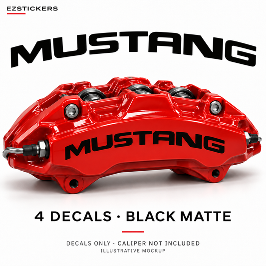EZSTICKERS illustrative caliper mockup for Mustang caliper decals — Black Matte, showing referenced manufacturer/model lettering in Black Matte; decals only, caliper not included.