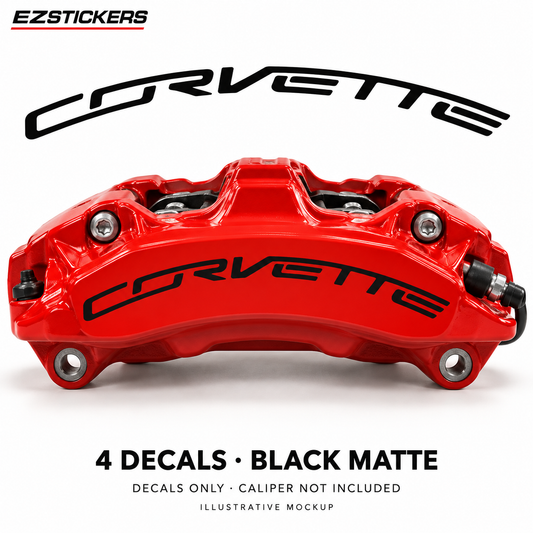 EZSTICKERS illustrative caliper mockup for Corvette ZR1 caliper decals — Black Matte, showing referenced manufacturer/model lettering in Black Matte; decals only, caliper not included.