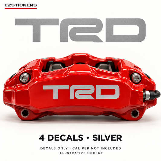 EZSTICKERS illustrative caliper mockup for TRD caliper decals — Silver, showing referenced manufacturer/model lettering in Silver; decals only, caliper not included.