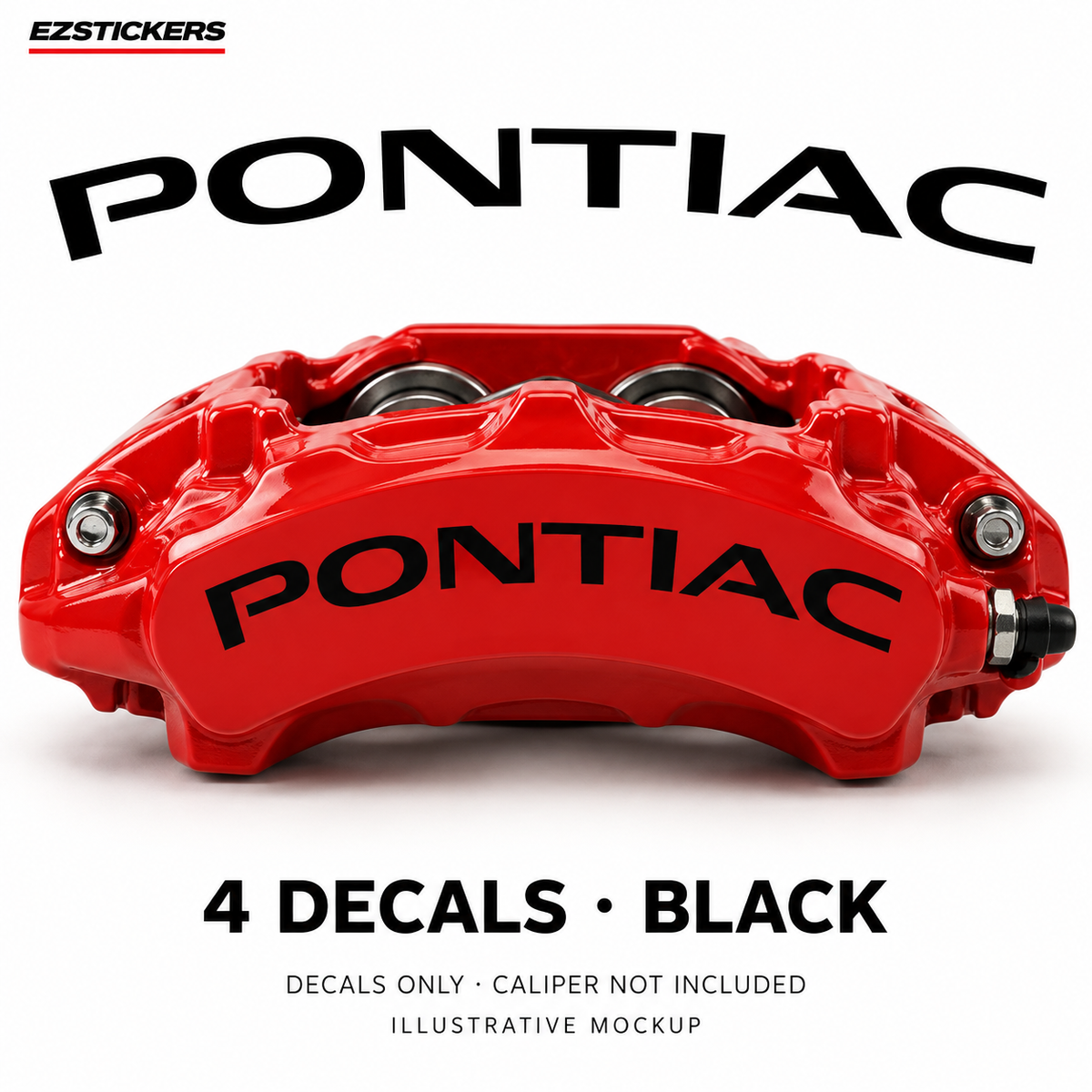 EZSTICKERS illustrative caliper mockup for Pontiac curved caliper decals — Black, showing referenced manufacturer/model lettering in Black; decals only, caliper not included.