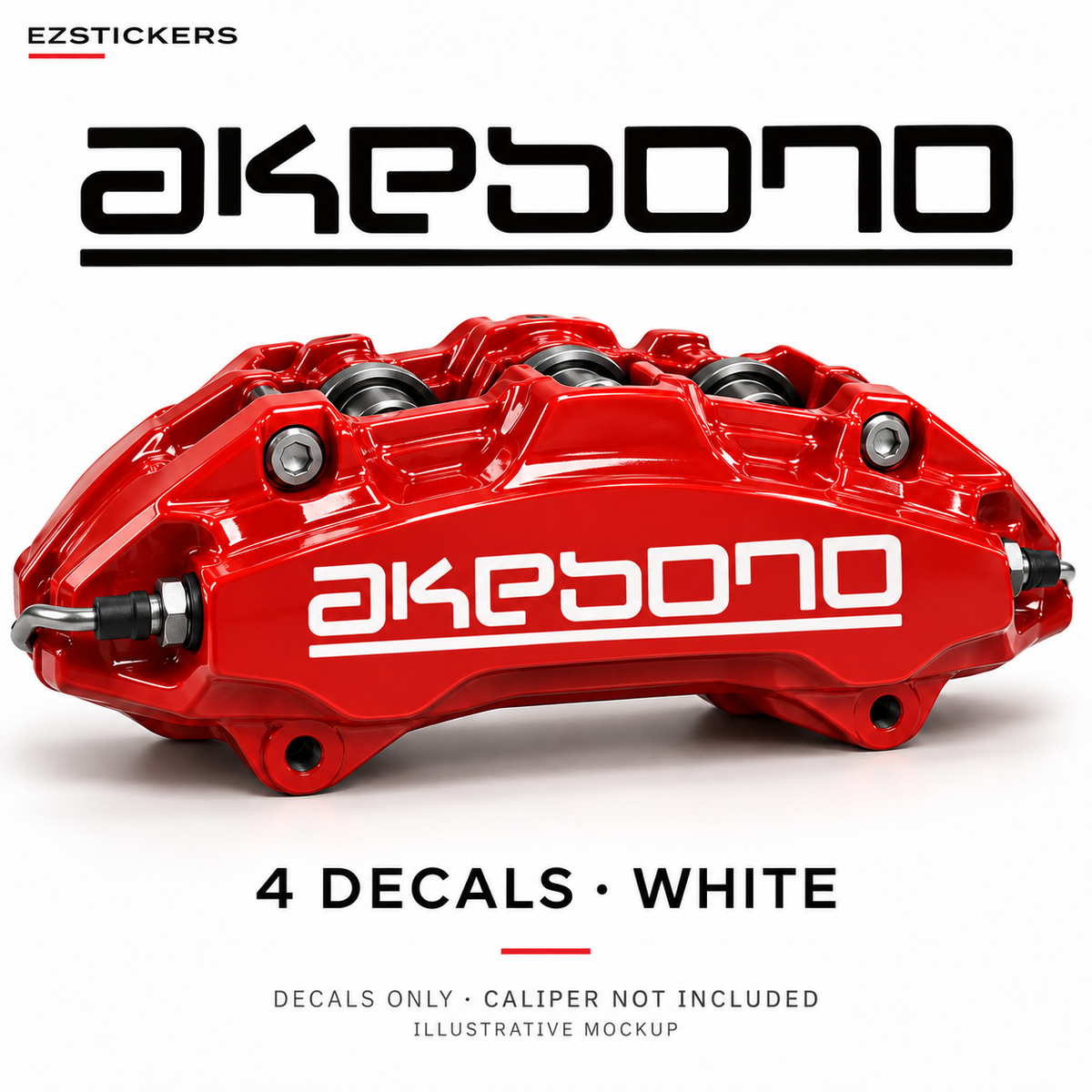 EZSTICKERS illustrative caliper mockup for Akebono caliper decals — White, showing the referenced manufacturer/model lettering in White; decals only, caliper not included.