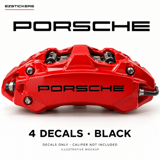 EZSTICKERS illustrative caliper mockup for Porsche 911, 997, Cayenne, Panamera caliper decals — Black, showing referenced manufacturer/model lettering in Black; decals only, caliper not included.