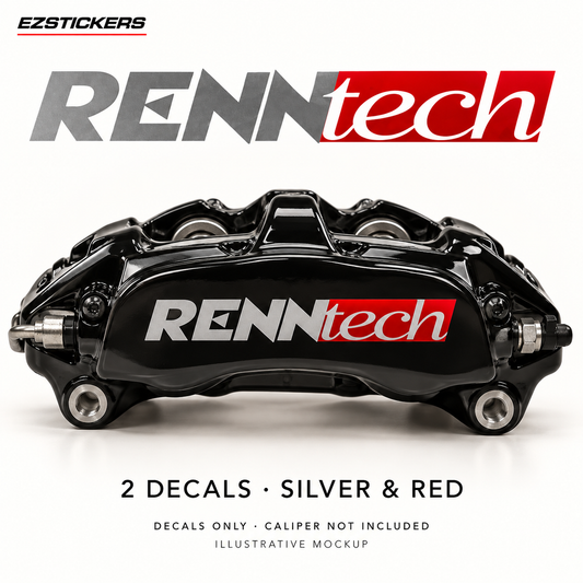 EZSTICKERS illustrative caliper mockup for Renntech caliper decals — Silver & Red, showing referenced manufacturer/model lettering in Silver & Red; decals only, caliper not included.