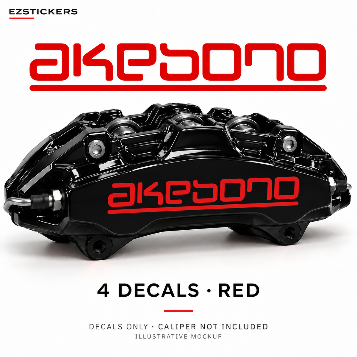 EZSTICKERS illustrative caliper mockup for Akebono caliper decals — Red, showing the referenced manufacturer/model lettering in Red; decals only, caliper not included.