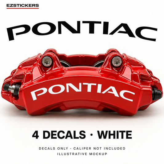 EZSTICKERS illustrative caliper mockup for Pontiac curved caliper decals — White, showing referenced manufacturer/model lettering in White; decals only, caliper not included.